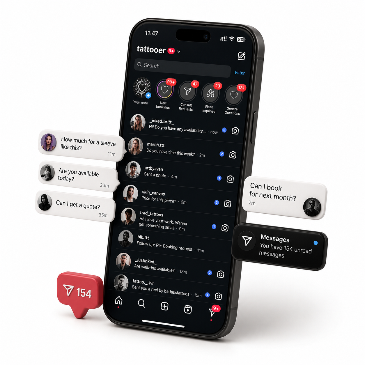 Phone showing many unread tattoo booking messages