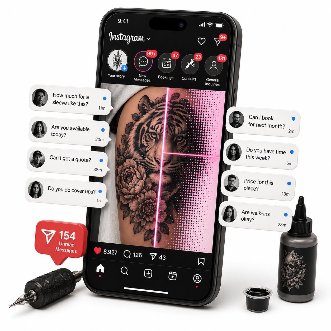 Tattoo Instagram profile surrounded by booking messages