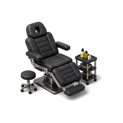 Tattoo studio chair with artist stool and supply cart
